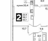 2-комн, 62 кв м, этаж 16/16 ЖК Самолёт-6