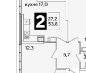 2-комн, 54 кв м, этаж 16/16 ЖК Самолёт-6