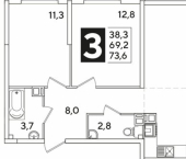 3-комн, 74 кв м, этаж 9/16 ЖК Самолёт-6