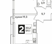 2-комн, 59 кв м, этаж 4/16 ЖК Самолёт-6