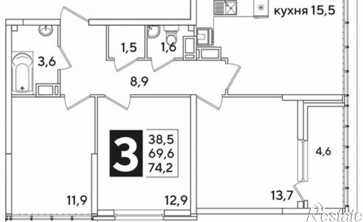 3-комн квартира в новом доме ЖК Самолёт-6