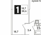 1-комн, 39 кв м, этаж 9/16 ЖК Самолёт-6