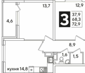 3-комн, 73 кв м, этаж 11/16 ЖК Самолёт-6