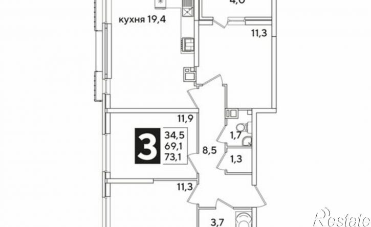 3-комн квартира в новом доме ЖК Самолёт-6