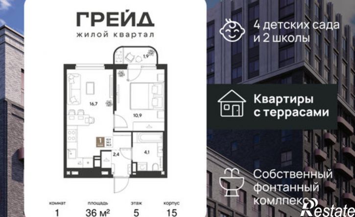 1-комн квартира в новом доме ЖК Грейд
