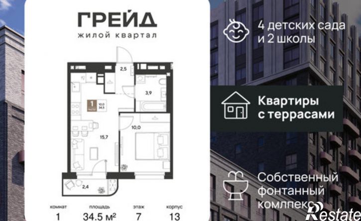 1-комн квартира в новом доме ЖК Грейд