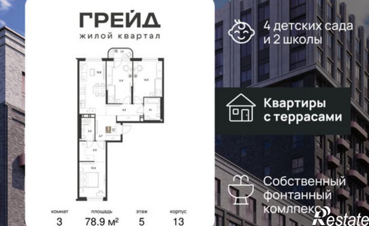 3-комн квартира в новом доме ЖК Грейд