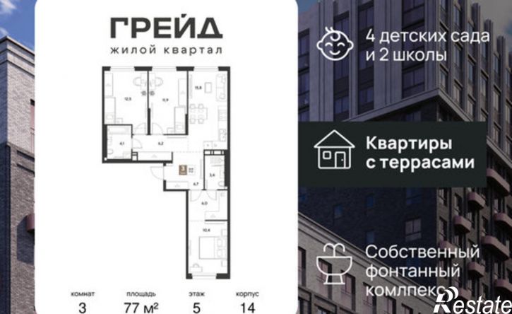 3-комн квартира в новом доме ЖК Грейд