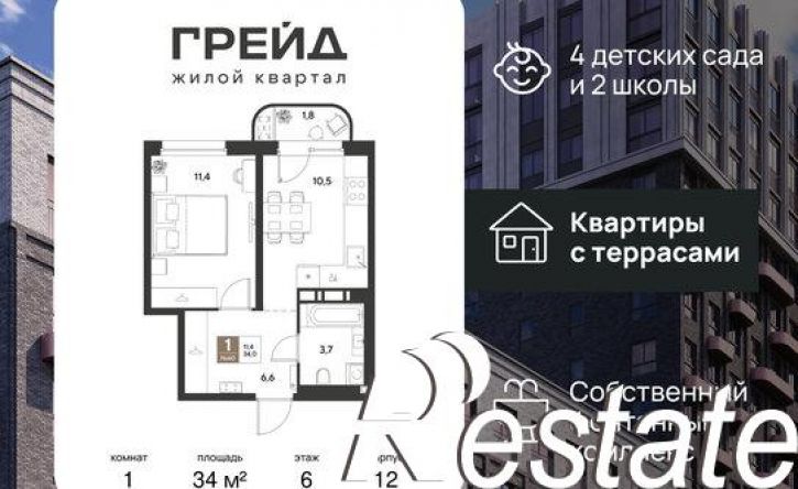 1-комн квартира в новом доме ЖК Грейд