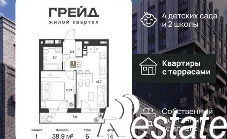 1-комн квартира в новом доме ЖК Грейд