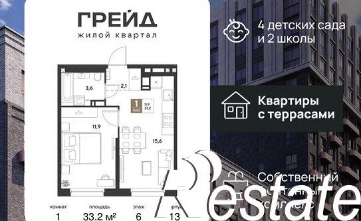 1-комн квартира в новом доме ЖК Грейд