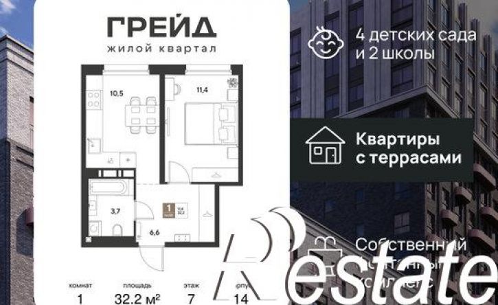 1-комн квартира в новом доме ЖК Грейд