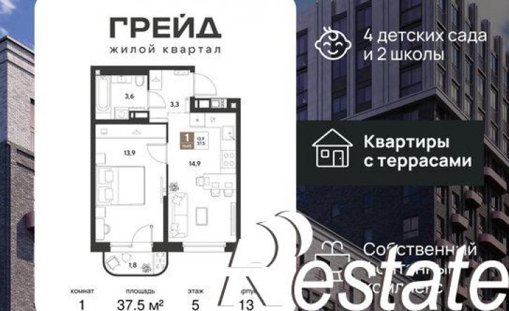 1-комн квартира в новом доме ЖК Грейд
