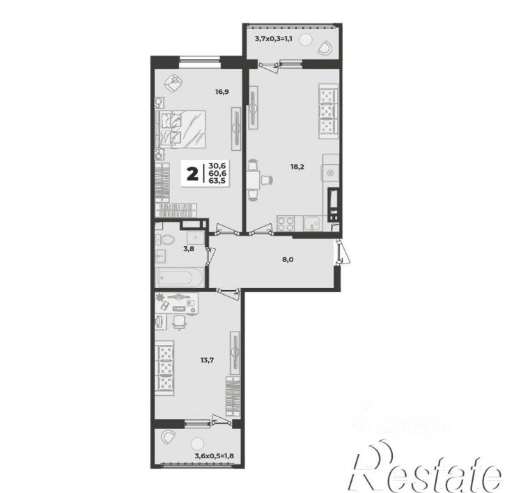 2-комн квартира в новом доме улица имени Генерала Корнилова, 17,  д. 17