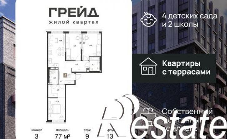 3-комн квартира в новом доме ЖК Грейд