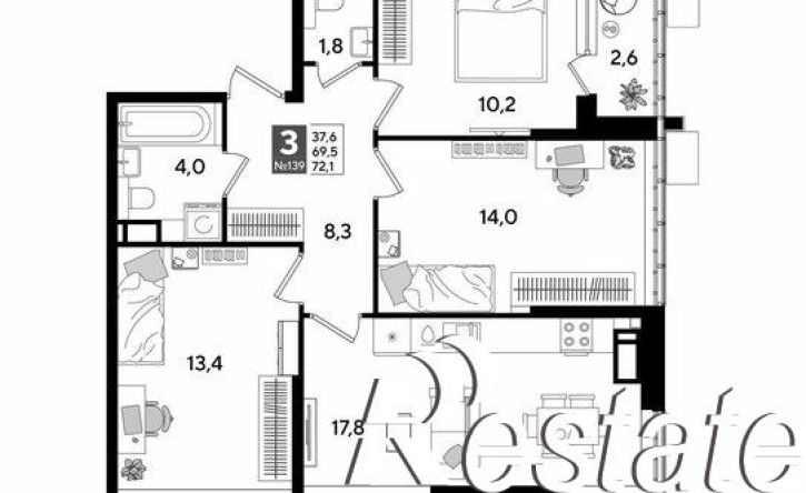 3-комн квартира улица имени Анны Ахматовой, 12 к2,  д. 12 к2